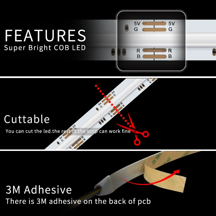 LED Color Dam Type cob led strip light 5v 12v 24v RGB flexible COB led strip light