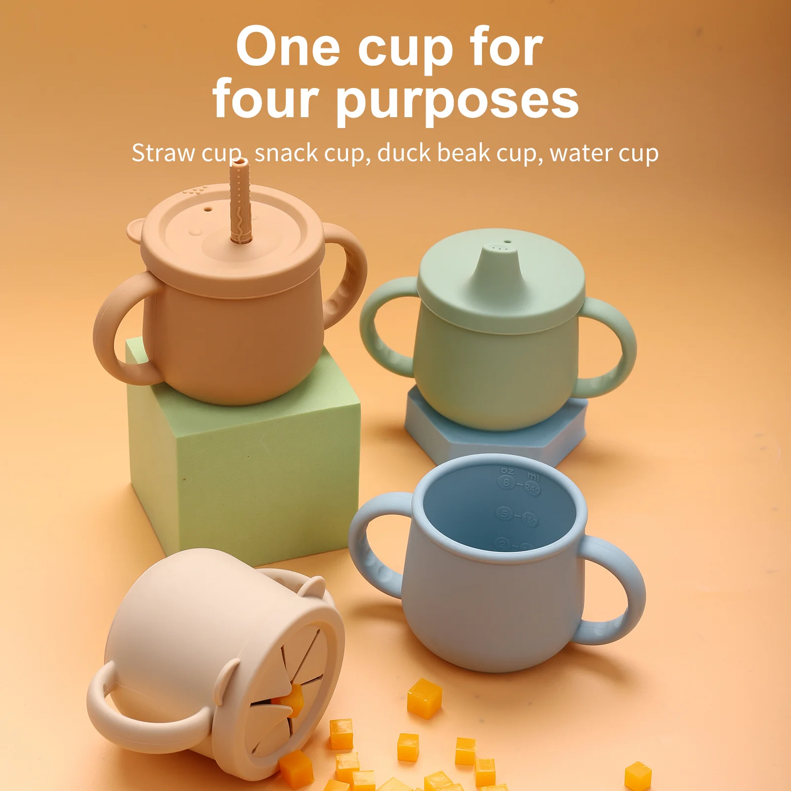 Non Spill Toddler Collapsible Drink Training Cup Lids Sublimation Kids  Baby Silicone Snack Sippy Cup With Straw