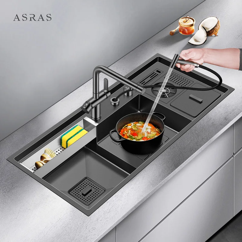 Asras SUS304 Nano Single Large Stepped Basin with Cup Washer with Drain Trash Can Model 10547NX Handmade Kitchen Sink
