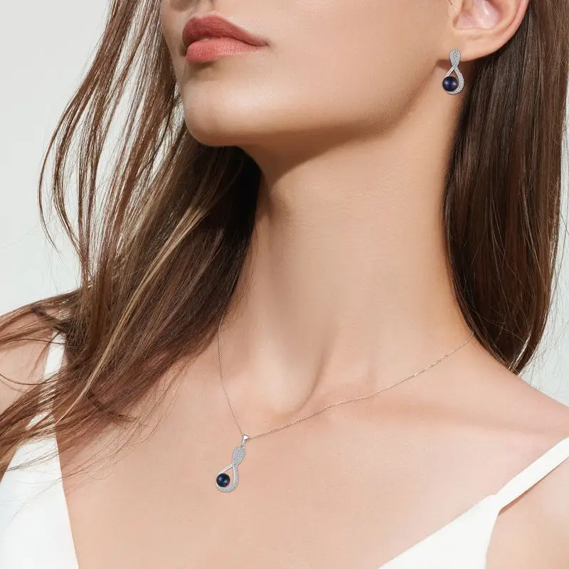 2024 Women Synthetic Black Pearl Pendant Necklace 925 Silver