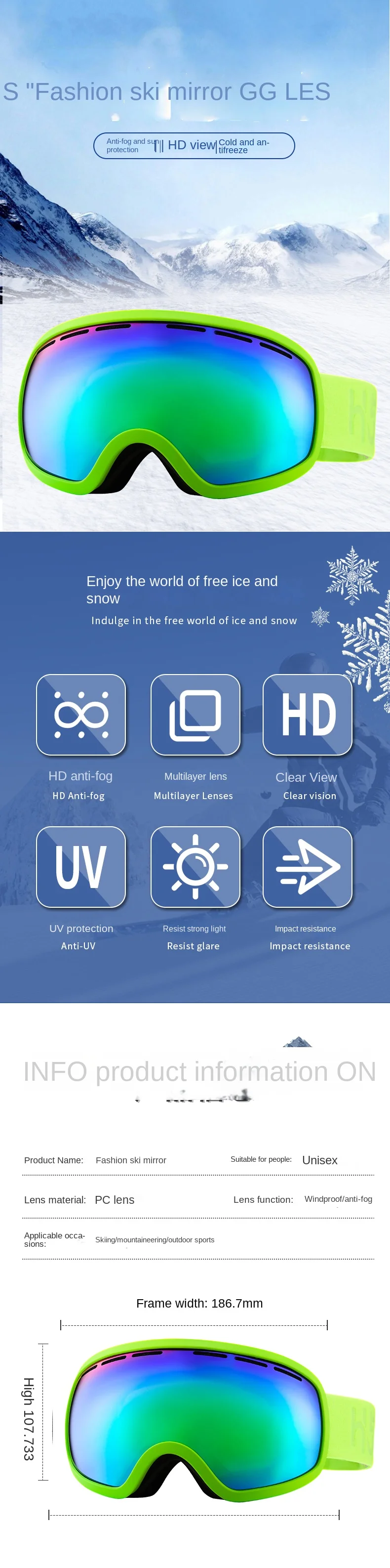 Adult Spherical Ski Goggles with Double Layer Anti-fog and Protective Design Against Sand and Snow