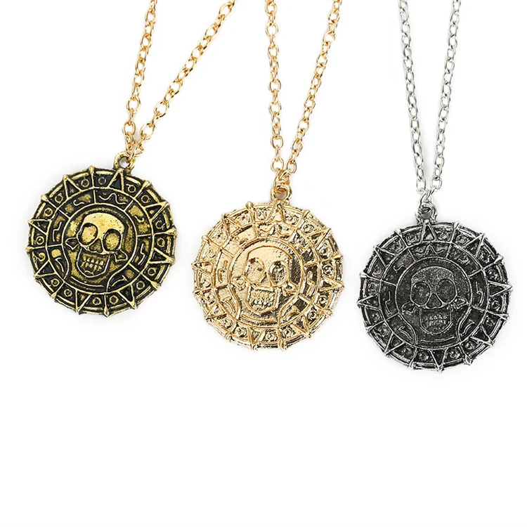 yihan Jewelry 6pcs One Set Pirates of The Caribbean Merchandise Aztec Gold Coins Pendants Keychain Silvertone and Bronze Plated Skull Heads Amulets