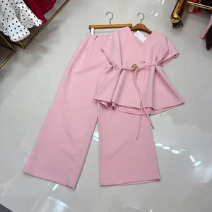 Factory Wholesale European American Summer Leisure Temperament Luxury V-neck Solid Belt Top + Long Pants Casual 2 Pieces Set