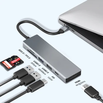 6 in 1 USB Type C Hub Adapter with 4K HDTV Multiport Card Reader USB3.0 TF PD SD Reader All in One for PC Computer Accessories