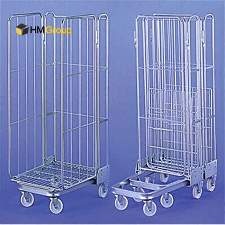 A Frame Metal 3 Side Warehouse Transport Cargo Foldable Nestable Roll Cage Trolley