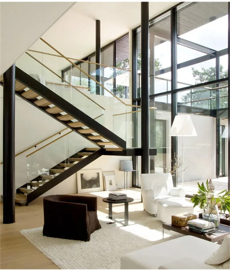 Modern Double Stringer Steel Staircase Design Wood Steps U Shaped Staircase Glass Railing