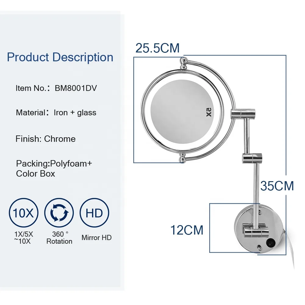 Современное круглое увеличительное регулируемое настенное зеркало для бритья с подсветкой