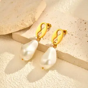 High Quality Stainless Steel Gold Plated Jewelry Drop Earrings Coffee Bean Irregular Pearl Pendant Earrings for Women