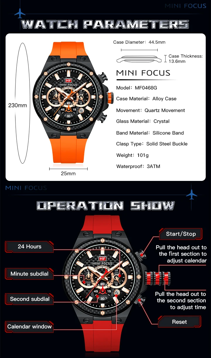 Mini Focus Multifunctional Chronograph Sport watch For Men 0468
