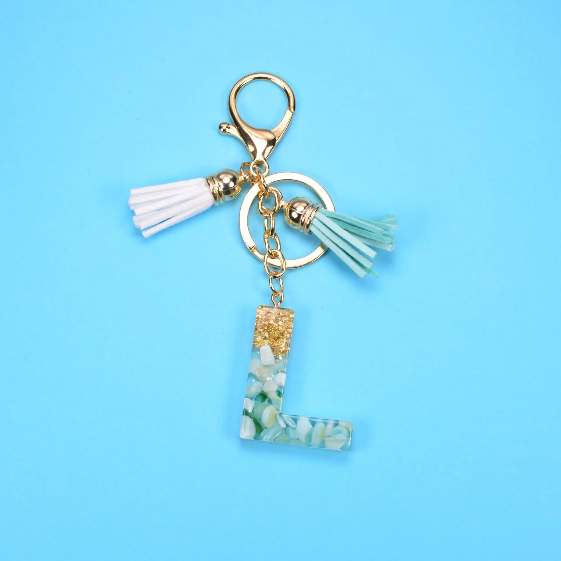 Teal & Gold Resin Moon Keychain Initial Letter Keychain 