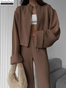 Women's Cross-border Knitted Solid Loose Fit Long-sleeved Wide-leg Pants Suit 2026 Autumn Winter New Zipper Jacket Casual Suit