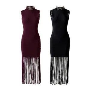 New Trend French Heavy-duty Rhinestone High-neck Sleeveless Knit Maxi Dress Slim Straight Silhouette Tassel Hem Dress for Daily