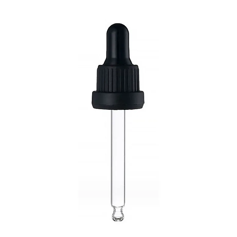 Clear Pipette classic black tamper ring glass dropper top with black ribbed cap and black silicone teat 18mm