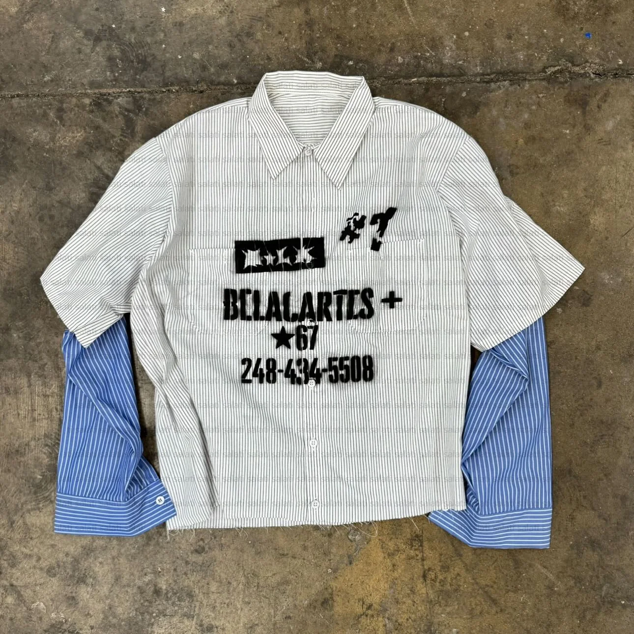 Custom Streetwear Oversized Stripe Button Down up Screen Print Double Layer T-shirt Long Sleeve T Shirt Dress Work Shirt for Men