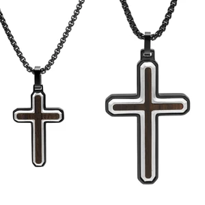 Men's Stainless Steel & Ebony Wood Cross Pendant Necklace Black PVD  Stainless Steel Cross Necklace Religious Jewelry