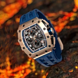 TSAR BOMBA Tonneau Chronograph Men's Watch 5 ATM Waterproof Sapphire Crystal Black Sports Fashion Business Seiko Silicone Band