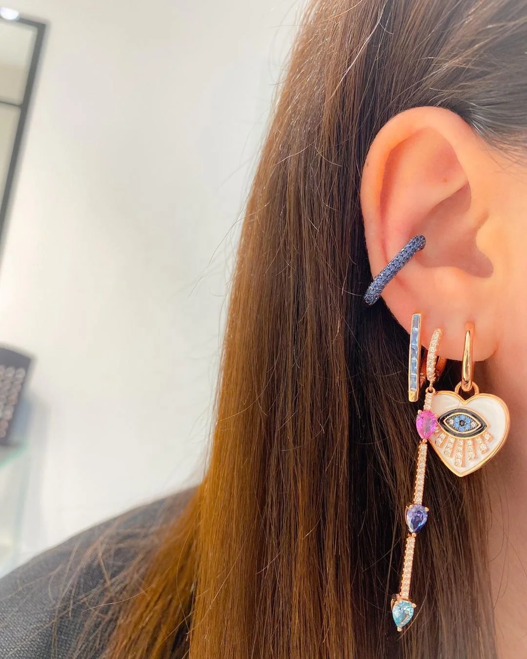 Rose Gold Heart Shaped Evil Eye Charm Dangle Earring