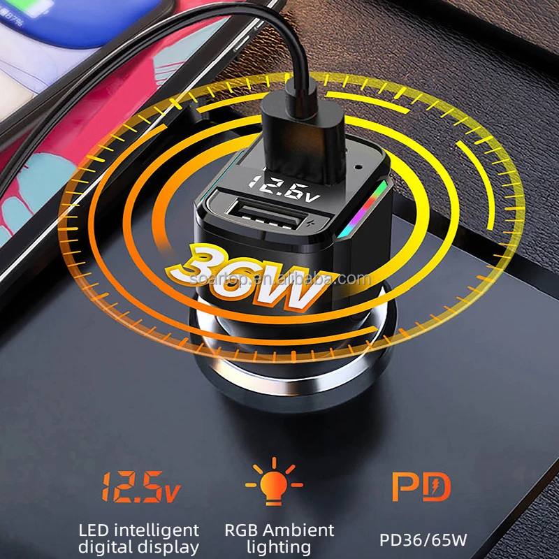 3 in 1 Car Charger Spring Charging Cable RGB Indicator Voltage Display with 3 USB Ports 65W Rated Power