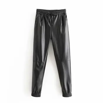 kz401 Spring autumn women's elastic waist black pu leather pants ladies chic style casual cuff trousers