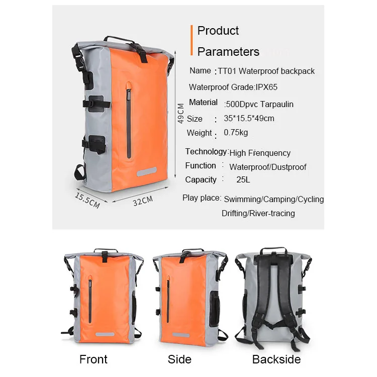 OEM custom printed logo outdoor waterproof backpack 25L with 500D pvc tarpaulin  dry bag waterproof  camping  bag