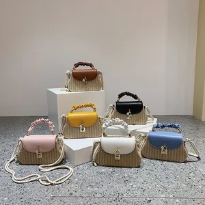 KALANTA 2026 Designer Lock Straw Splice PU Saddle Bag Summer Straw Woveing Beach Bags for Women Woven Handbag Ladies Straw