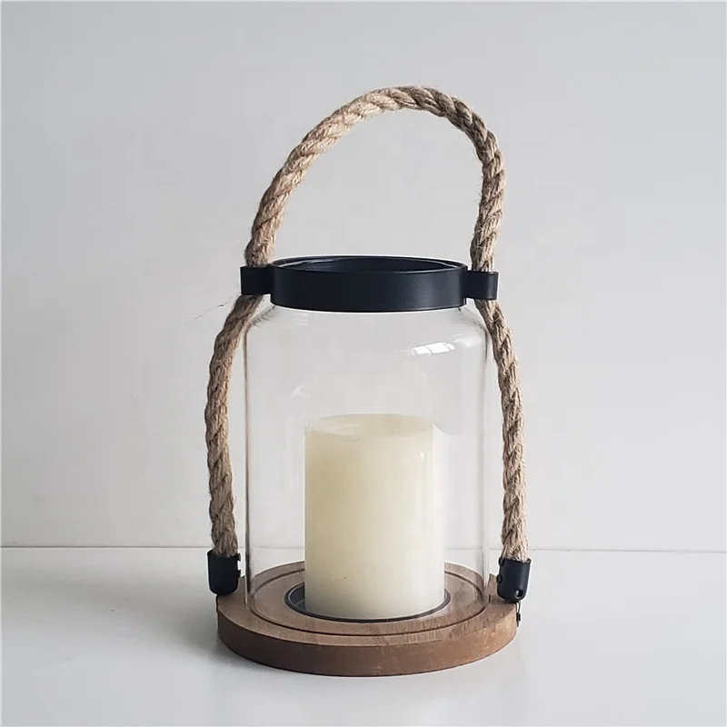 Indoor candle lantern antique glass and wood candle lantern with hemp rope handles