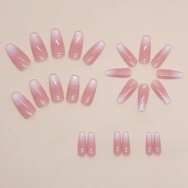Bling Coffin Press on Nails Tips Full Cover Medium False Gradient Nails for Women and Girls 24PCS Coffin pink