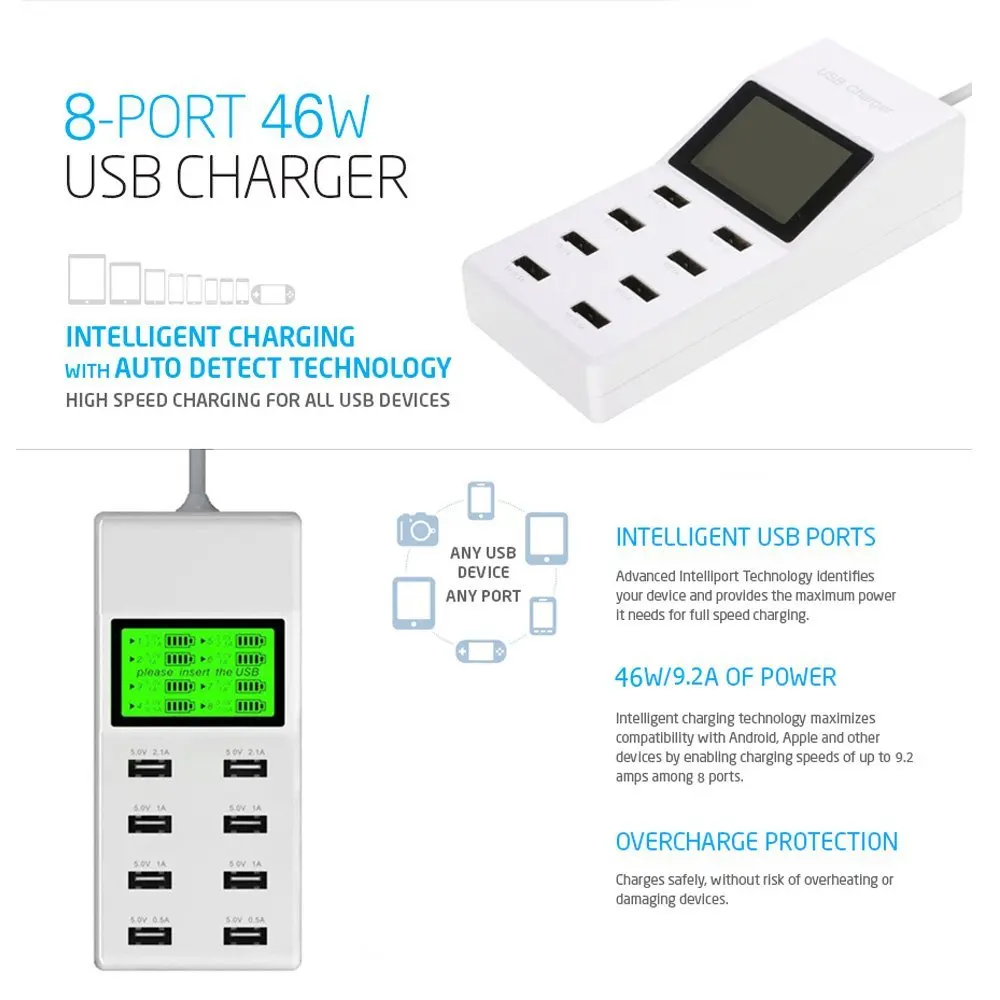 Multi USB Wall Charger 8 Port AC Power Adapter Smart Quick Charge Dock Station for Universal Phone Tablet Power Bank
