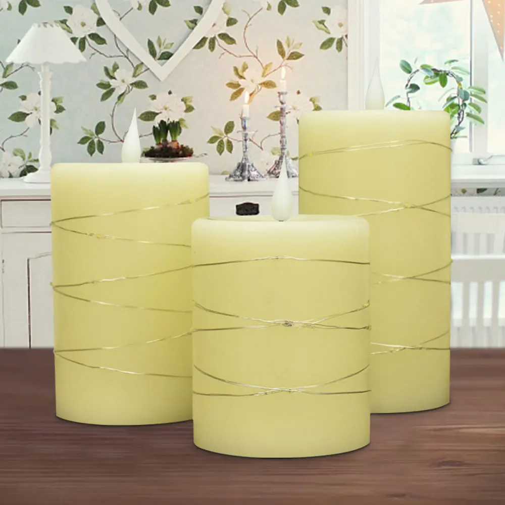 Bougies LED Ivoire Avec Guirlande Lumineuse Intégrée - Lot De 3 Bougies Sans Flamme à Piles, Minuterie 24h, Effet Flamme Dansante