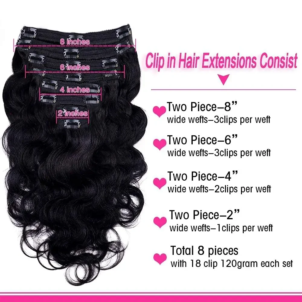 Body Wave Clip in Hair Extensions 8Pcs Natural Black 100% Real Human Hair 12-26Inch 120g_voghion.com
