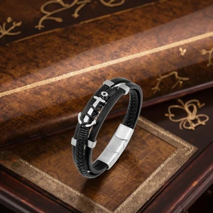 Leather Wristband Bracelet Multilayer Black Braided Leather with Anchor and Steel Magnetic Buckle Bracelet for Men
