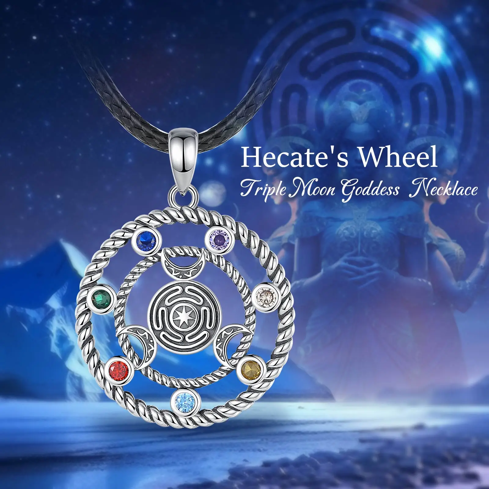 Moonlight Mysteries Sterling Silver Wiccan Prayer Pendant - Charge Of The Goddess & God, Double Sided - View #3