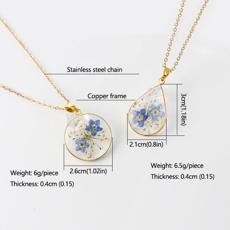 Transparent Epoxy Boho Style Resin Flower Pendant Necklace Real Pressed Flowers Forget Me Not Necklace for Mother's Day Gifts