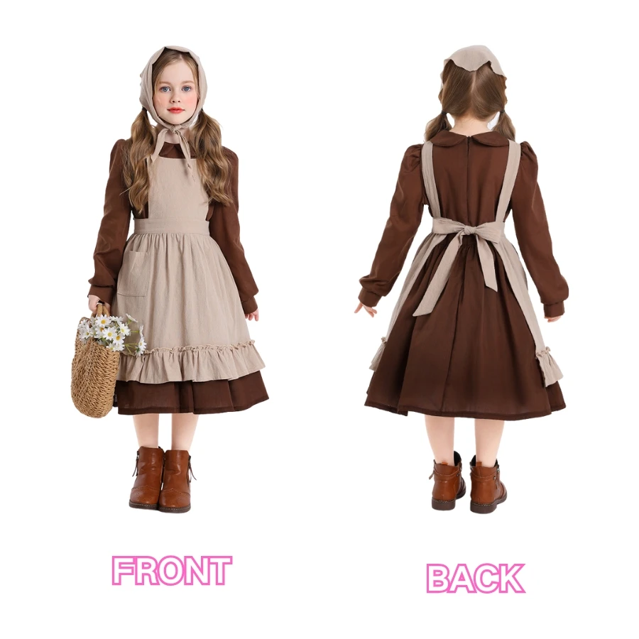 BAIGE Adult Women French Estate Maid Costume Brown Dress with Apron for Farm Rural Civilian Sets BAIGE Adult Women French Estate Maid Costume Brown Dress with Apron for Farm Rural Civilian Sets