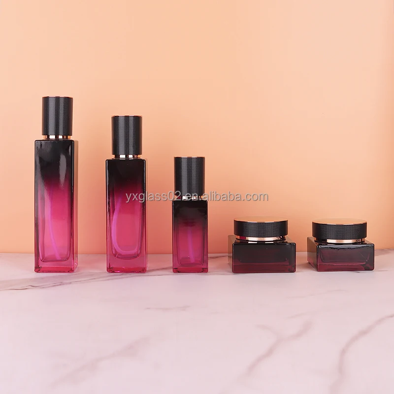 Luxury Innovative design fashion style cosmetic glass bottle set skincare cosmetic packaging square glass container factory