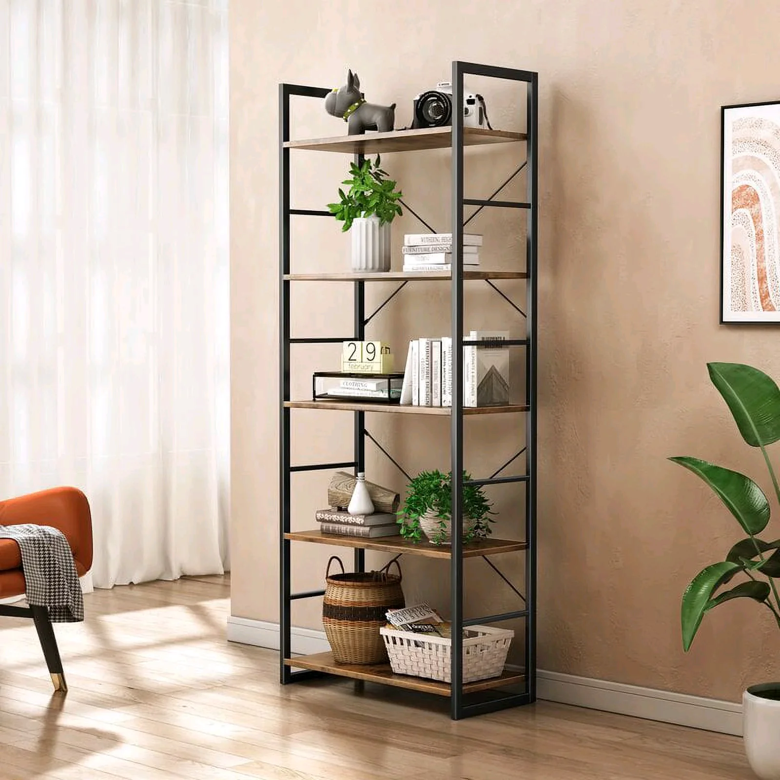 Combohome Modern Cube Tall Bookshelf 5-Tier Wood Bookshelf Modern Decorative Display Shelf Free-Standing Bookcase for Sale