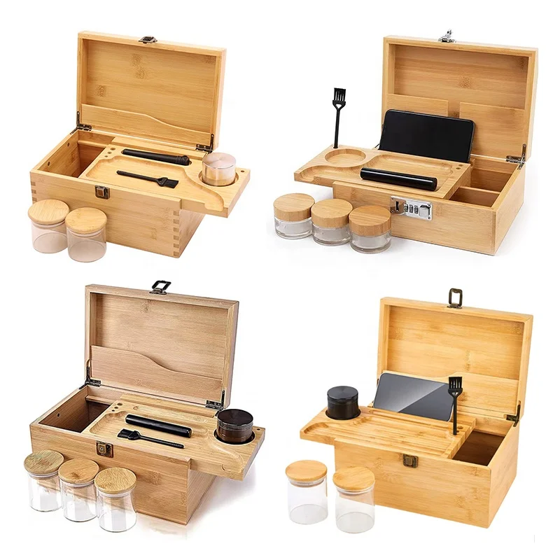 Decorative Removable Dividers  Large Wooden Stash Box With Rolling Tray