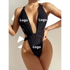 China Swimwear Factory Summer Black One Piece Bikini Swimsuit Cut Out Sexy Monokini Beachwear Bathing Suit Belted Women Swimwear