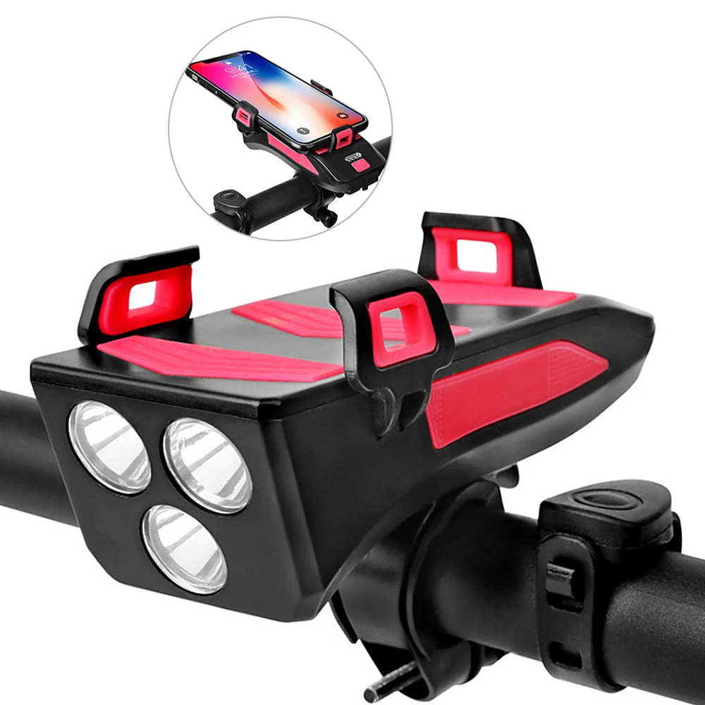 4 in1 Bicycle Mobile Phone USB Charging Treasure Rack Holder Headlight Speaker Bike Phone Support Bracket Alarm Bell Front Light