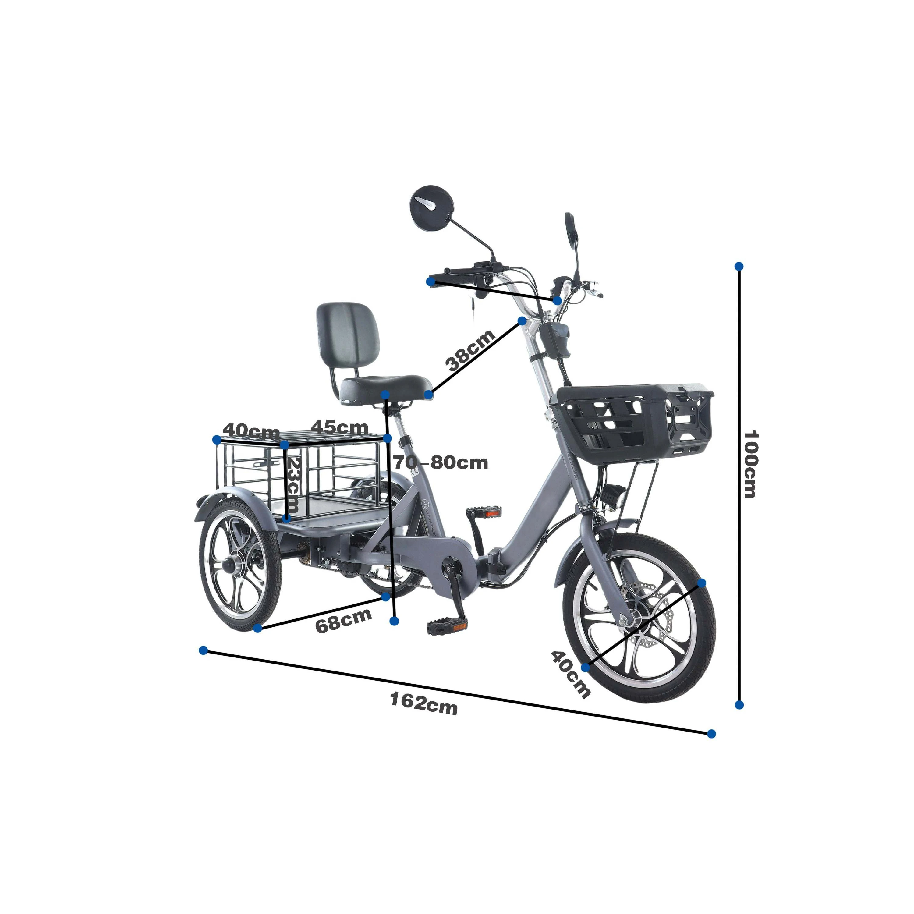 EU Warehouse 48V 350W 22Ah Lithium Battery 3-Wheel Tricycle Cargo Electric Bike with Disc Brake Foldable Brushless Motor