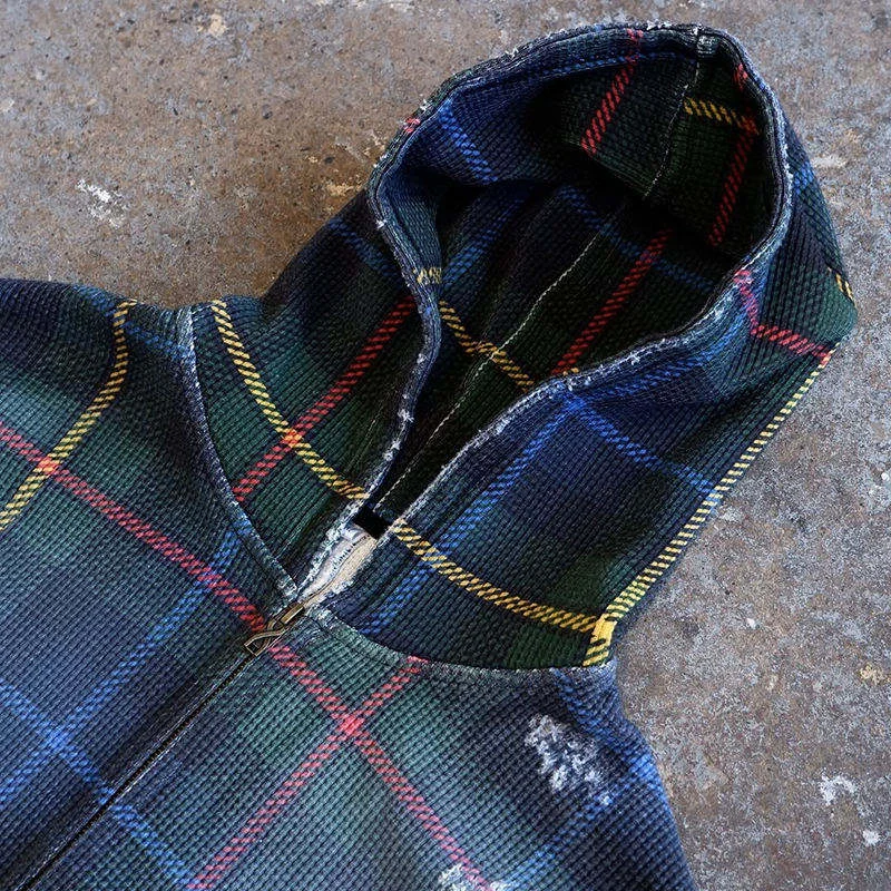 Wholesale Heavyweight Oversized Hoodies Knit Boxy Cropped Vintage Washed Hoodie Sun Faded Zip up Plaid Hoodie gallery 2