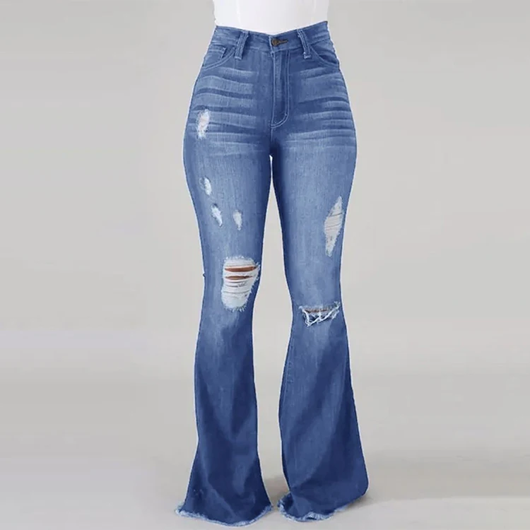 Women Destroyed Flare Jeans Bell Bottom Hem Denim Pants Black L 