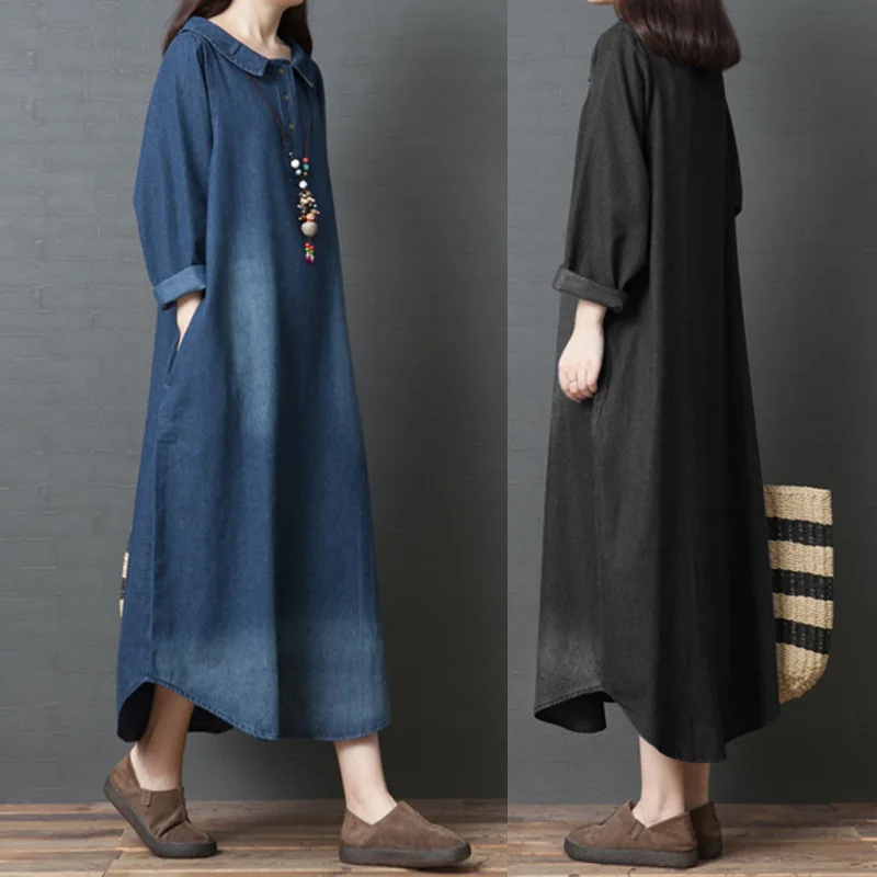 China Cloth Factory Ladies Turn-Down Collar Dresses Women Long Sleeve Plus Size Maxi Denim Dress