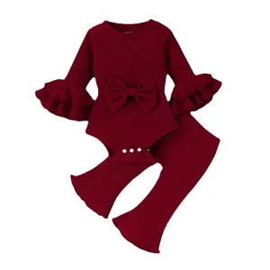 Wholesale Two-Piece Baby Clothing Set Multi-Color Ribbed Bowknot Plain Romper with Bell-Bottom Pants Fashion Style Baby Clothes