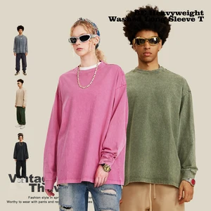 Men Vintage Retro Washed 260G Oversize Long Sleeve T-Shirt Unisex Youth Causal Streetwear Heavyweight Tee