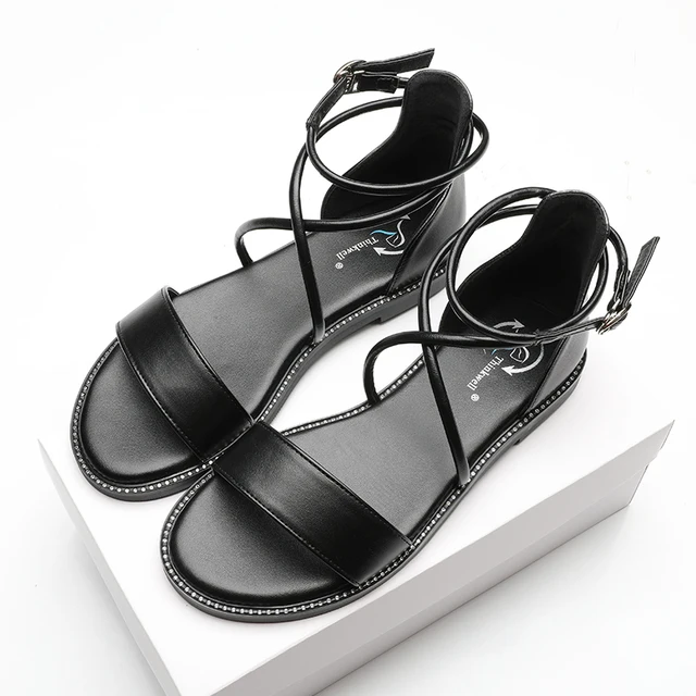 Rhinestones Buckle Ankle Strap Comfortable Leather Black Flat Sandals for Women and Ladies 2023 Summer New Style Hot Selling