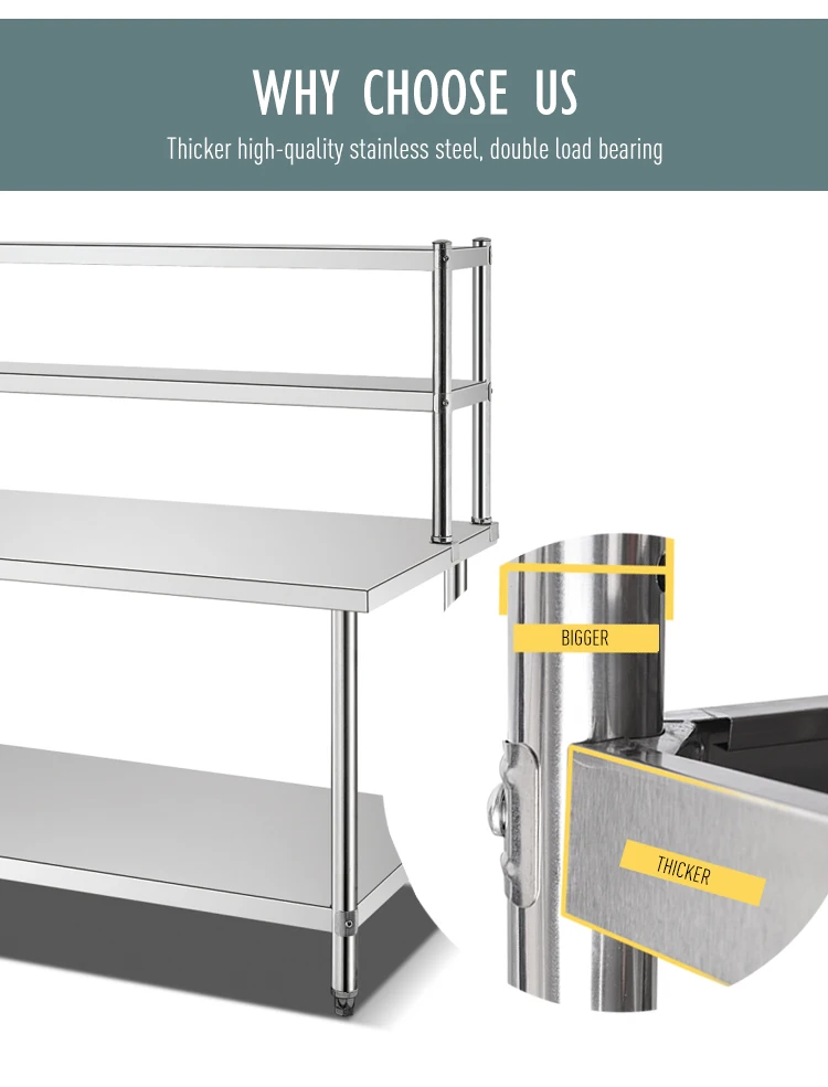 Industrial Design Style Stainless Steel Work Table with 3 Tiers Under Shelf Top Shelf for Dining Room or Hotel Home Furniture