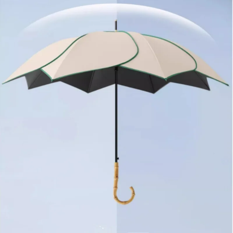 Japanese Style Automatic Wind-resistant Petal Lotus Black Glue Sunscreen Umbrella Ins Bamboo Wood Handle Distinctive Sunproof