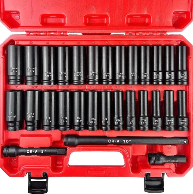 29-Piece Stainless Steel 1/2 Socket Set Long Short Sleeve Metric Imperial Extended Wind Power Fly Metric Imperial Big Hard Case
