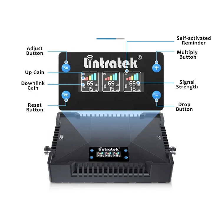 Lintratek 4G Mobile Signal Booster Triple Band 75dbi Gain 25dbm B28 700 900 1800MHz Large Area Output Power Cellular Booster